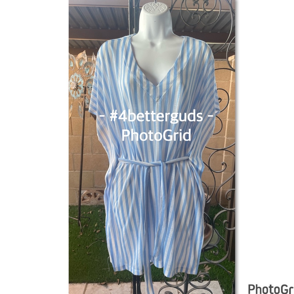 H&M Striped V-Neck Tunic Belted Tie Waist Swimsuit Cover Up Very Oversized MD - Picture 2 of 15